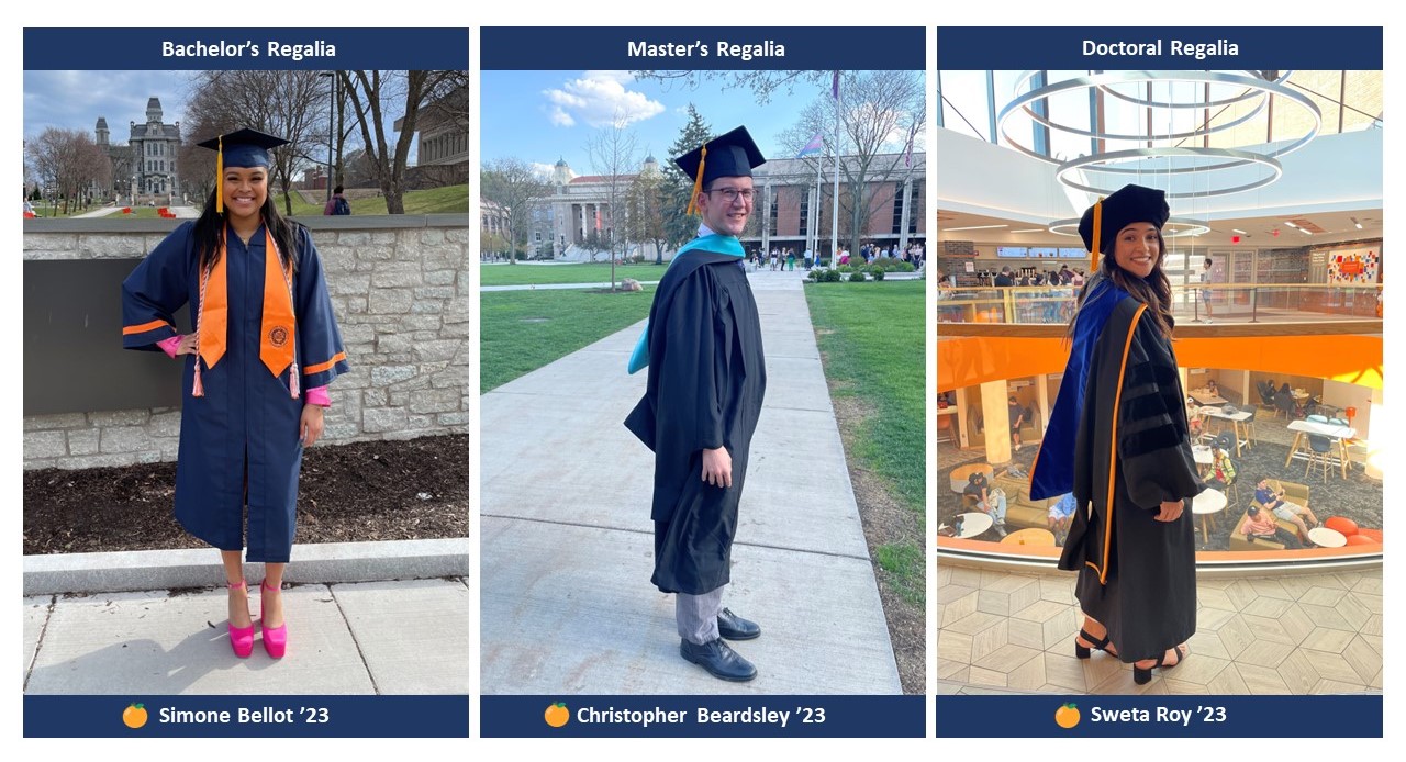 Syracuse University Class of 2023 graduation candidates model regalia for Bachelor's, Master's and Doctoral regalia