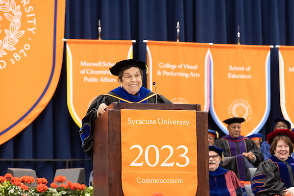Donna E. Shalala G’70, H’87 delivers the keynote address during Syracuse University’s 2023 Commencement on Sunday, May 15, in the JMA Wireless Dome